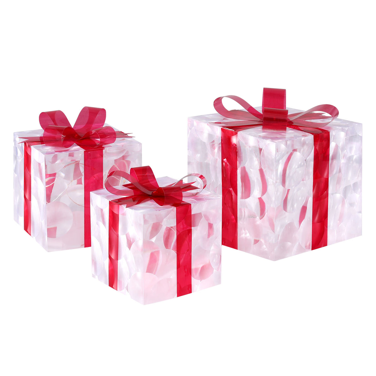 Three clear LED gift boxes with red ribbon bows, warm lights glowing inside
