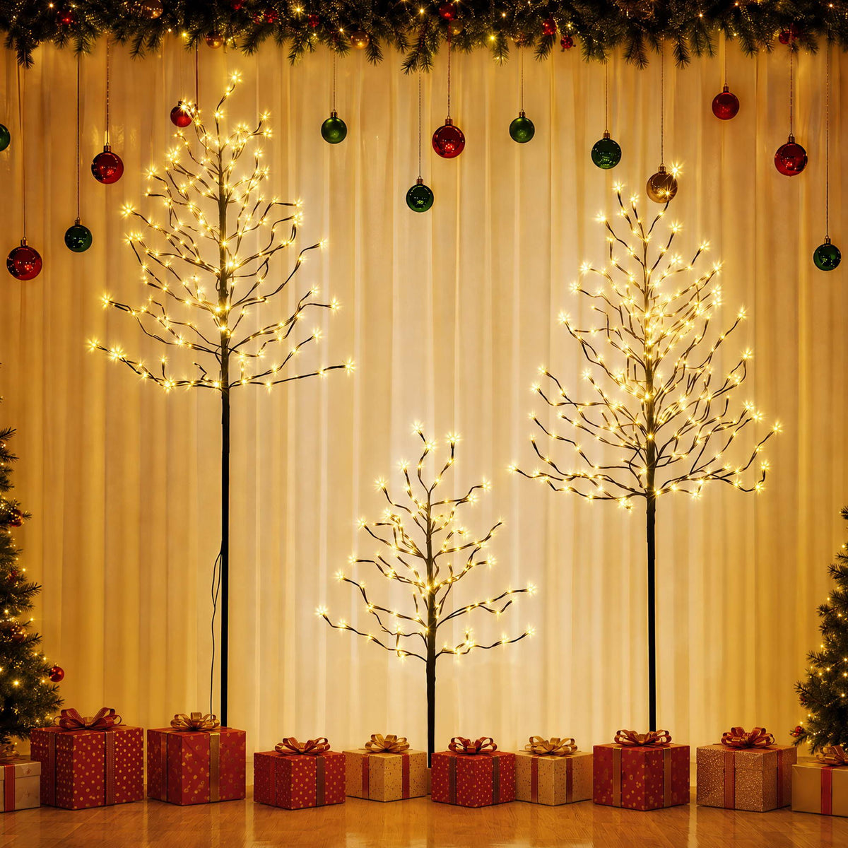 Set of three pre-lit Christmas light trees with warm white LED branches and black metal stands