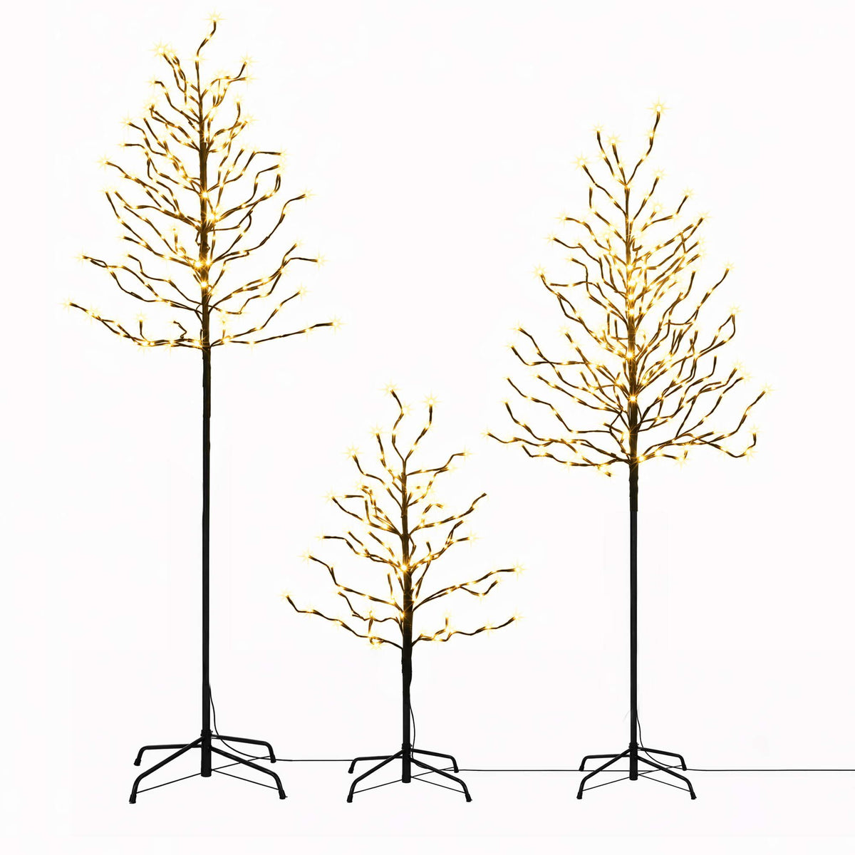 Set of three bare Christmas light trees with black trunks and metal stand bases