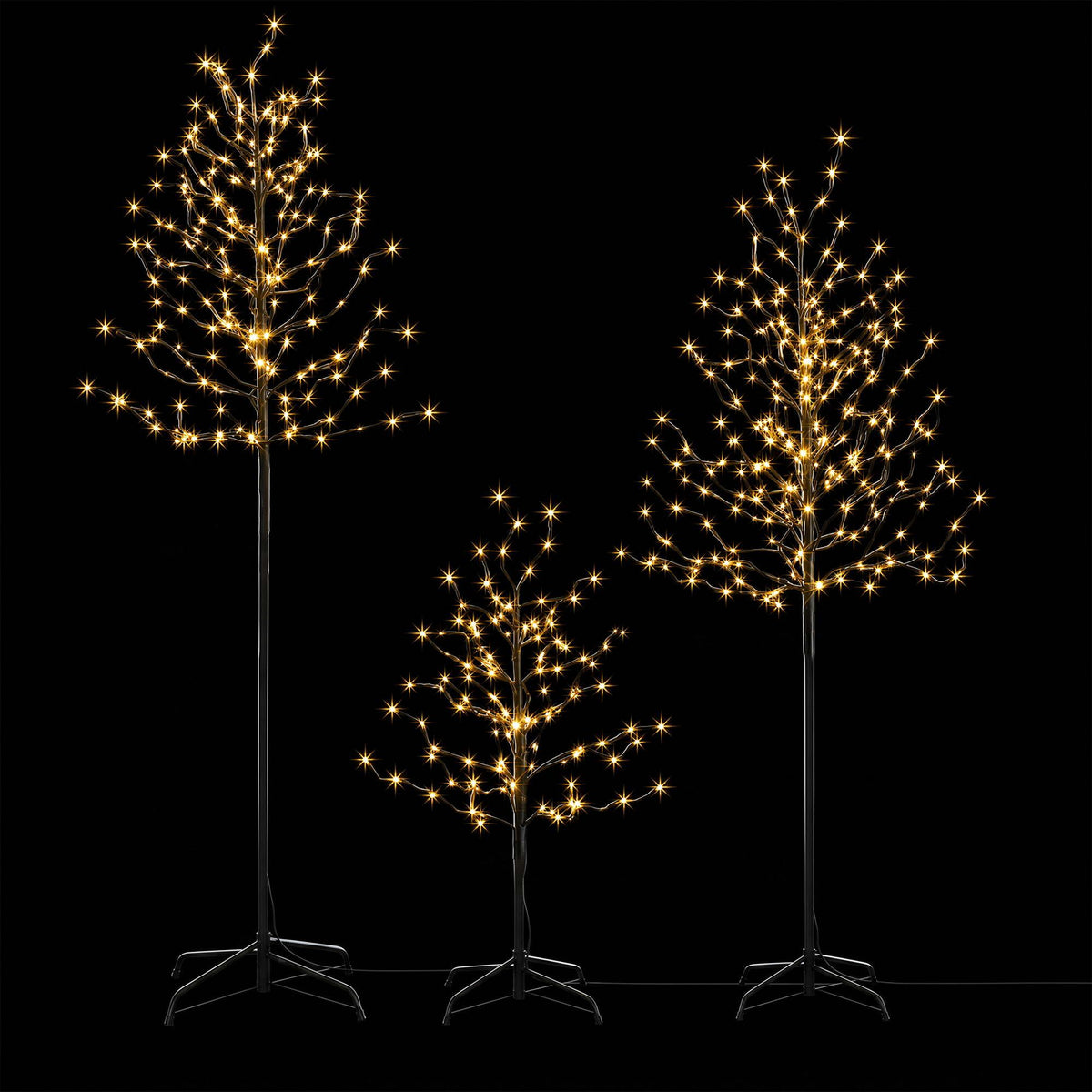Set of three pre-lit Christmas light trees with warm white LED glow and black metal stands