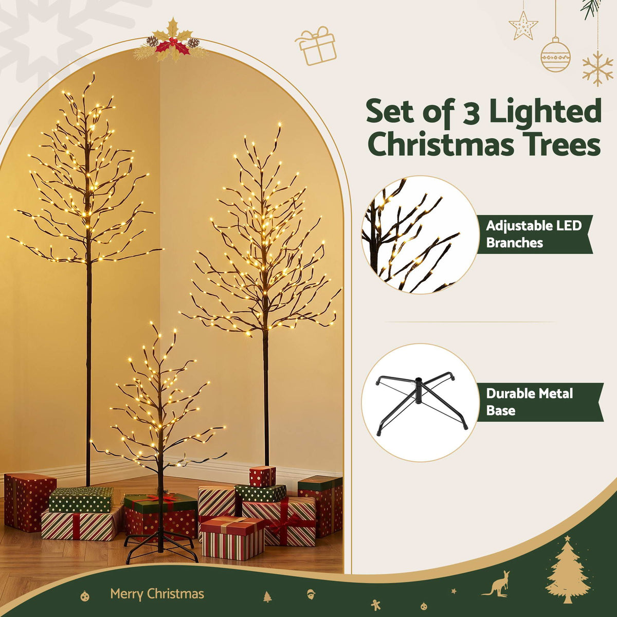 Set of three pre-lit Christmas trees with warm white LED branches and metal bases