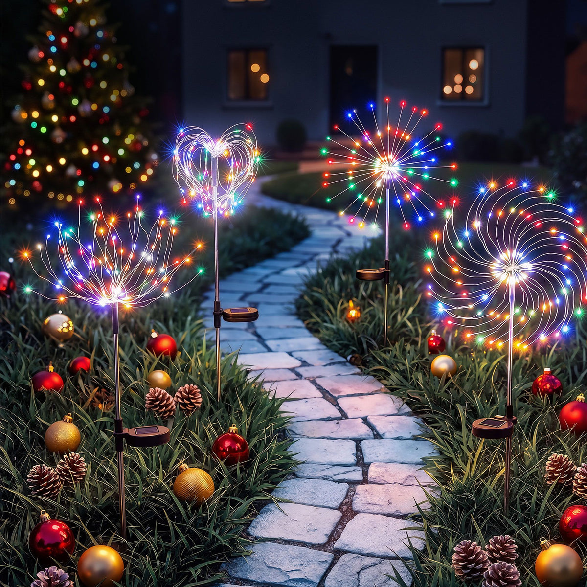 Solar firework garden path light set with multicolour heart, starburst and spiral glow