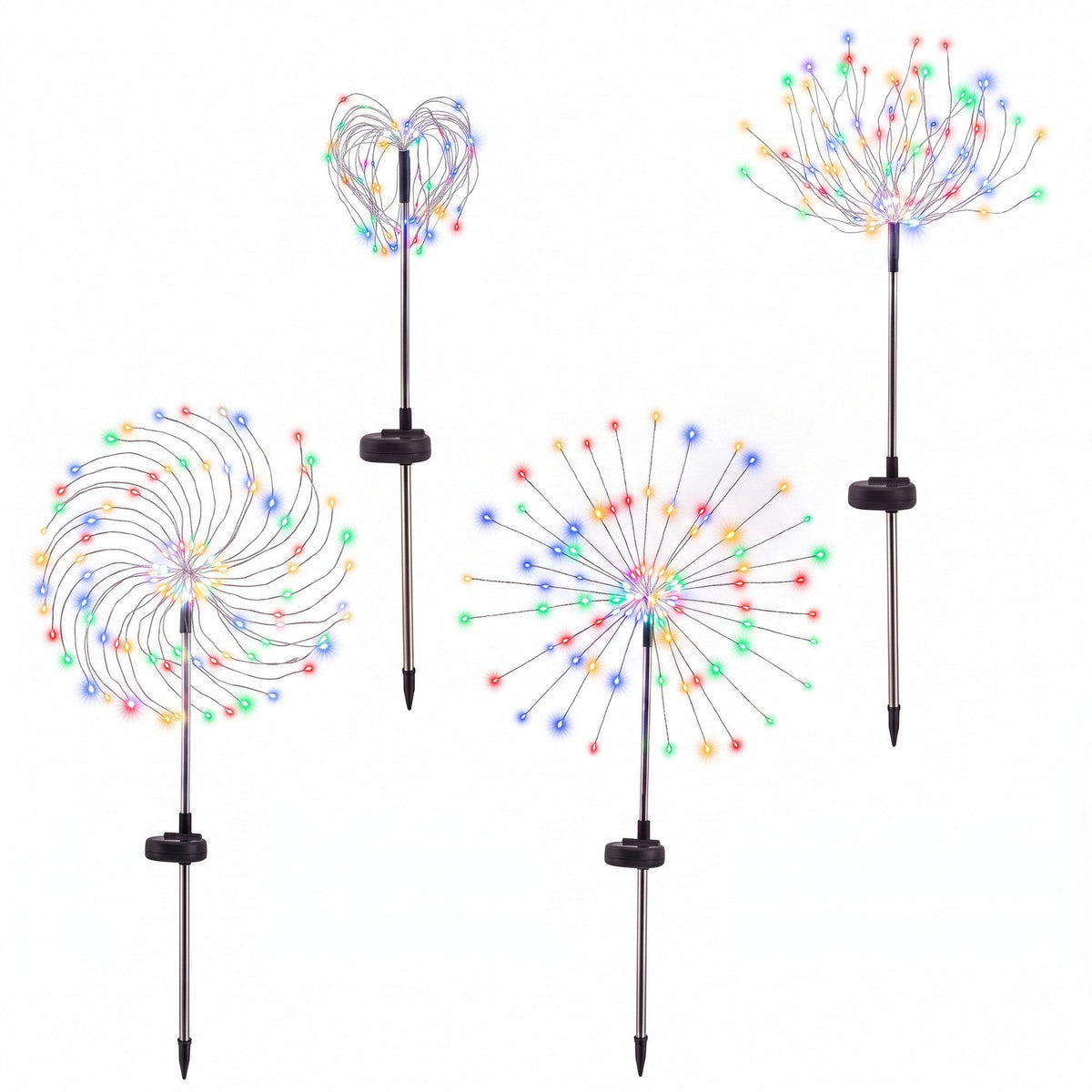 Solar firework light stakes with multicolour dandelion, heart and starburst swirl shapes