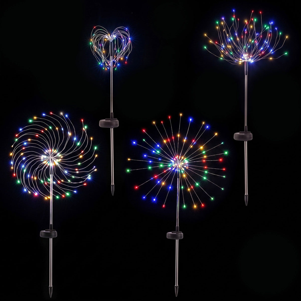 Solar firework light stakes with multicolour starburst, swirl and heart patterns