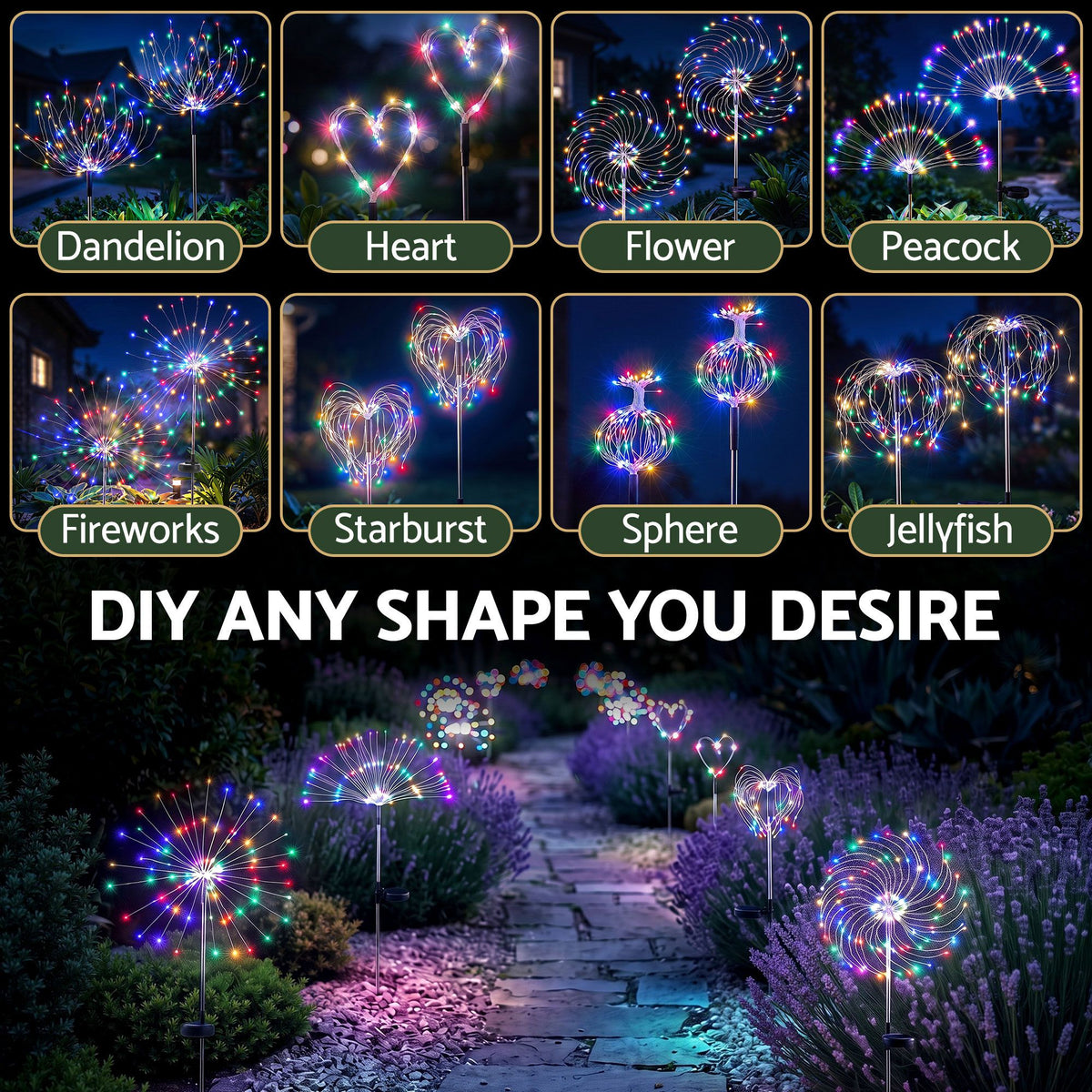 Solar firework light set featuring assorted glow shapes: heart, flower, peacock, sphere