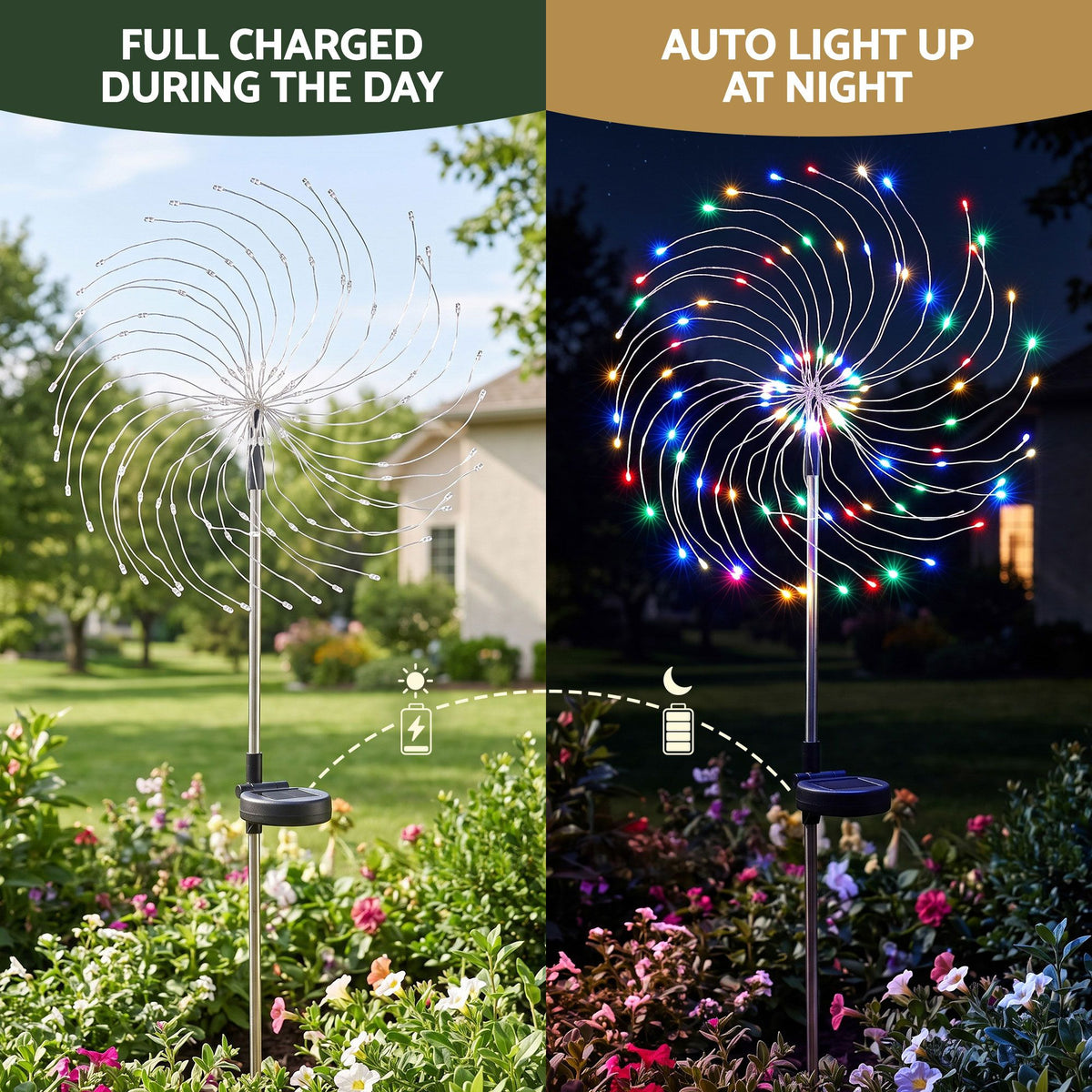 Solar firework light stake showing white wire burst in daylight and multicolour at night