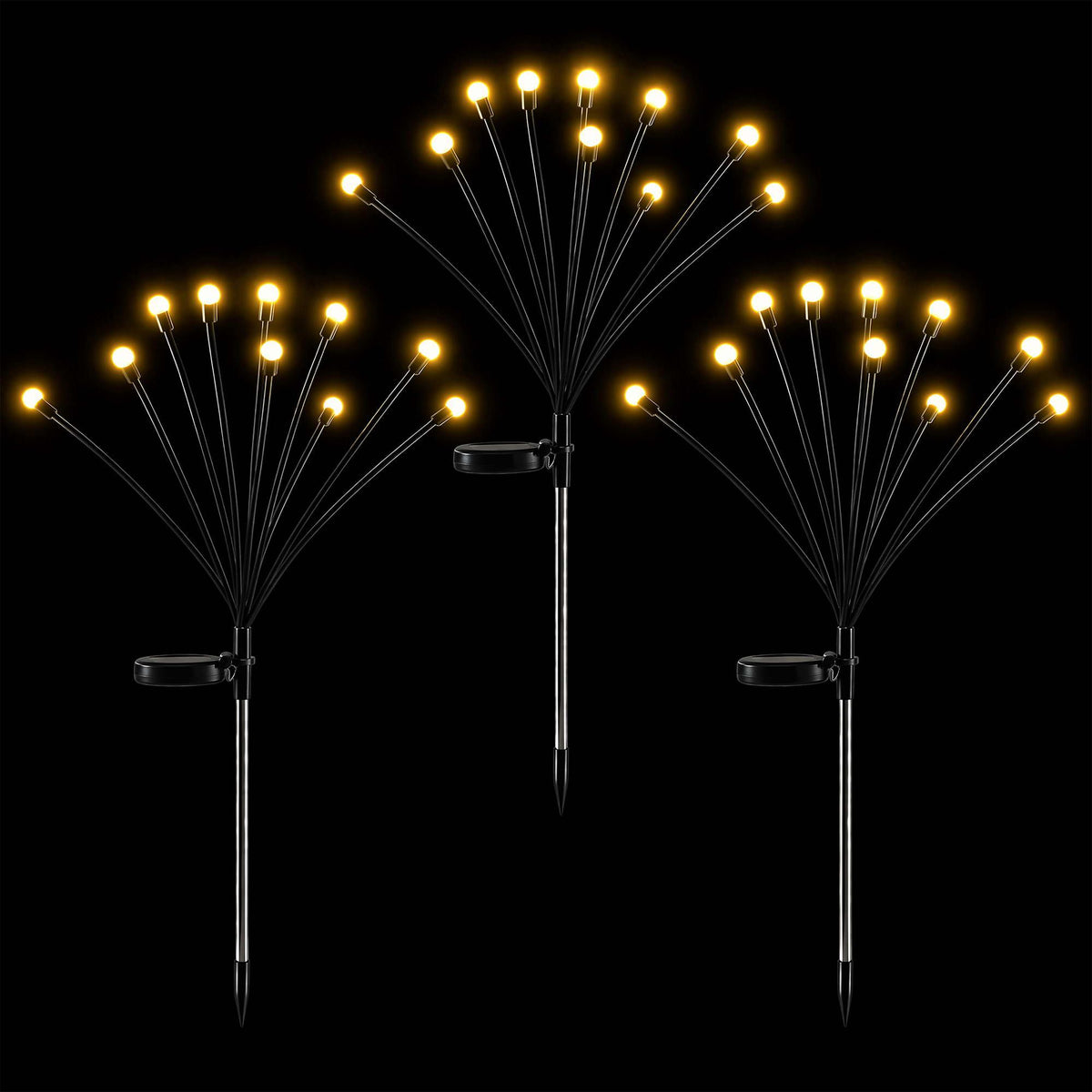 Solar firefly stake lights, three black stems with warm white glowing bulb clusters