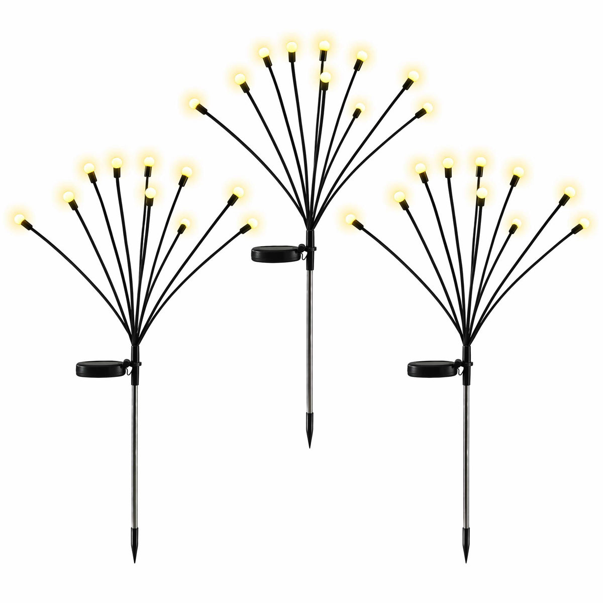 Solar firefly path lights, three black stakes with multiple warm white bulb tips
