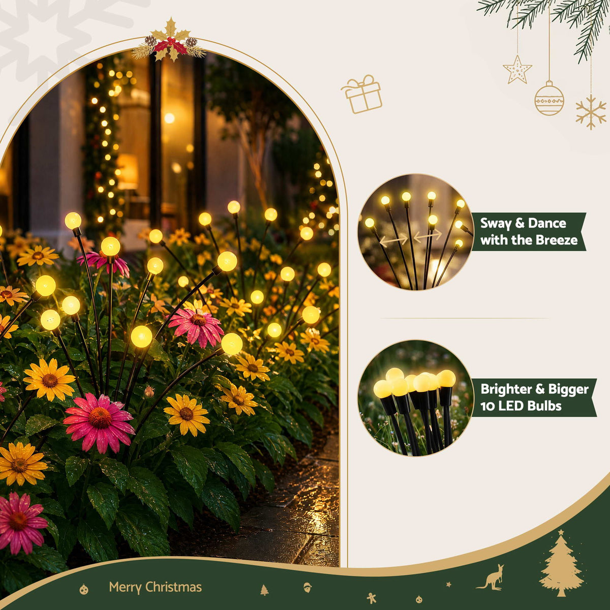 Warm white solar firefly stake lights illuminating a garden walkway at night