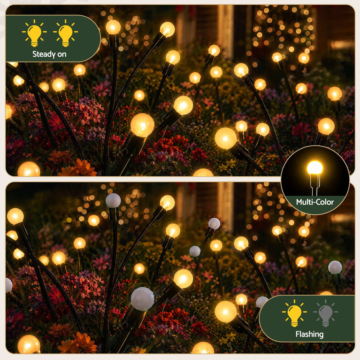 Solar firefly stake lights with multiple warm white bulbs, flashing light effect