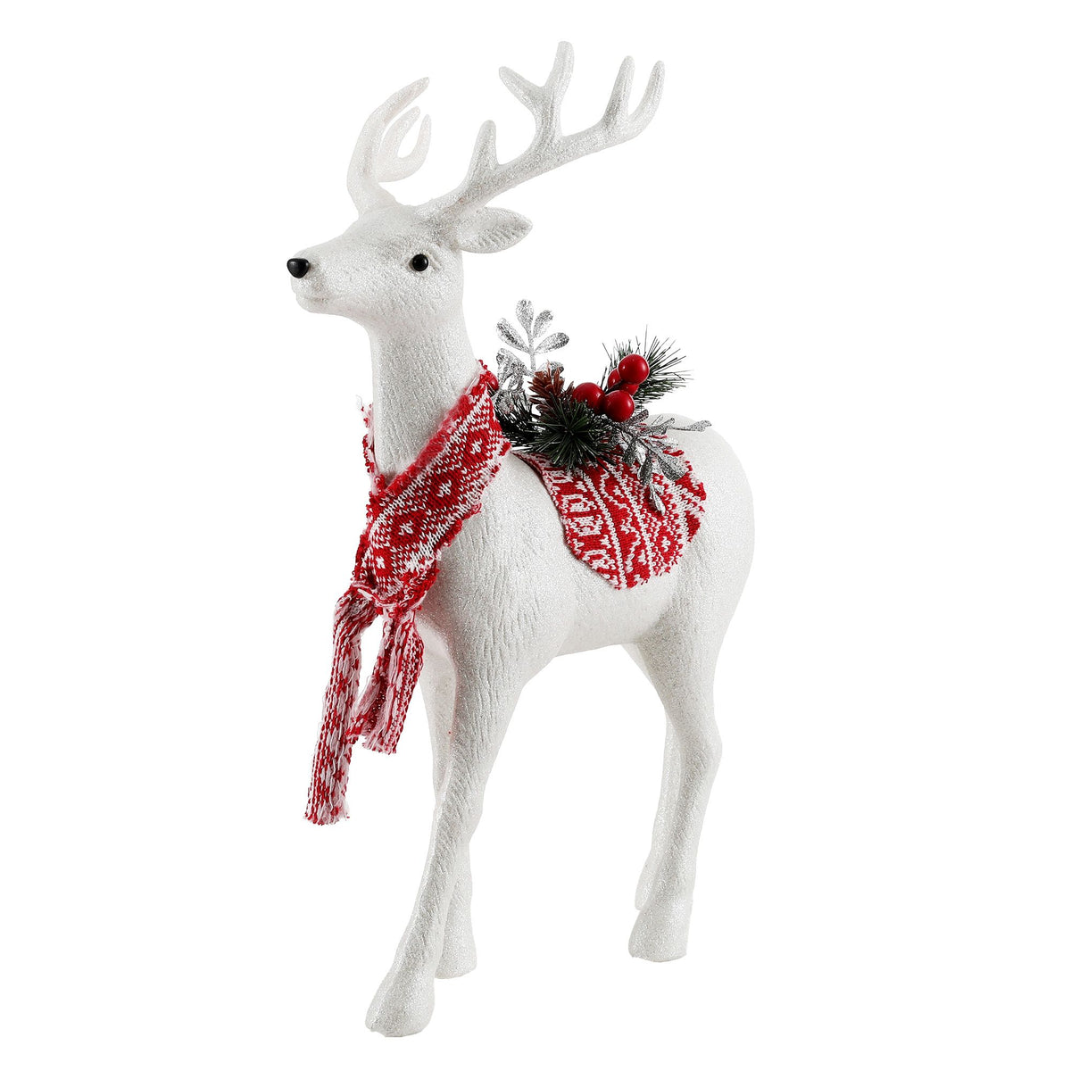 White reindeer ornament with plaid scarf and red berry foliage bouquet