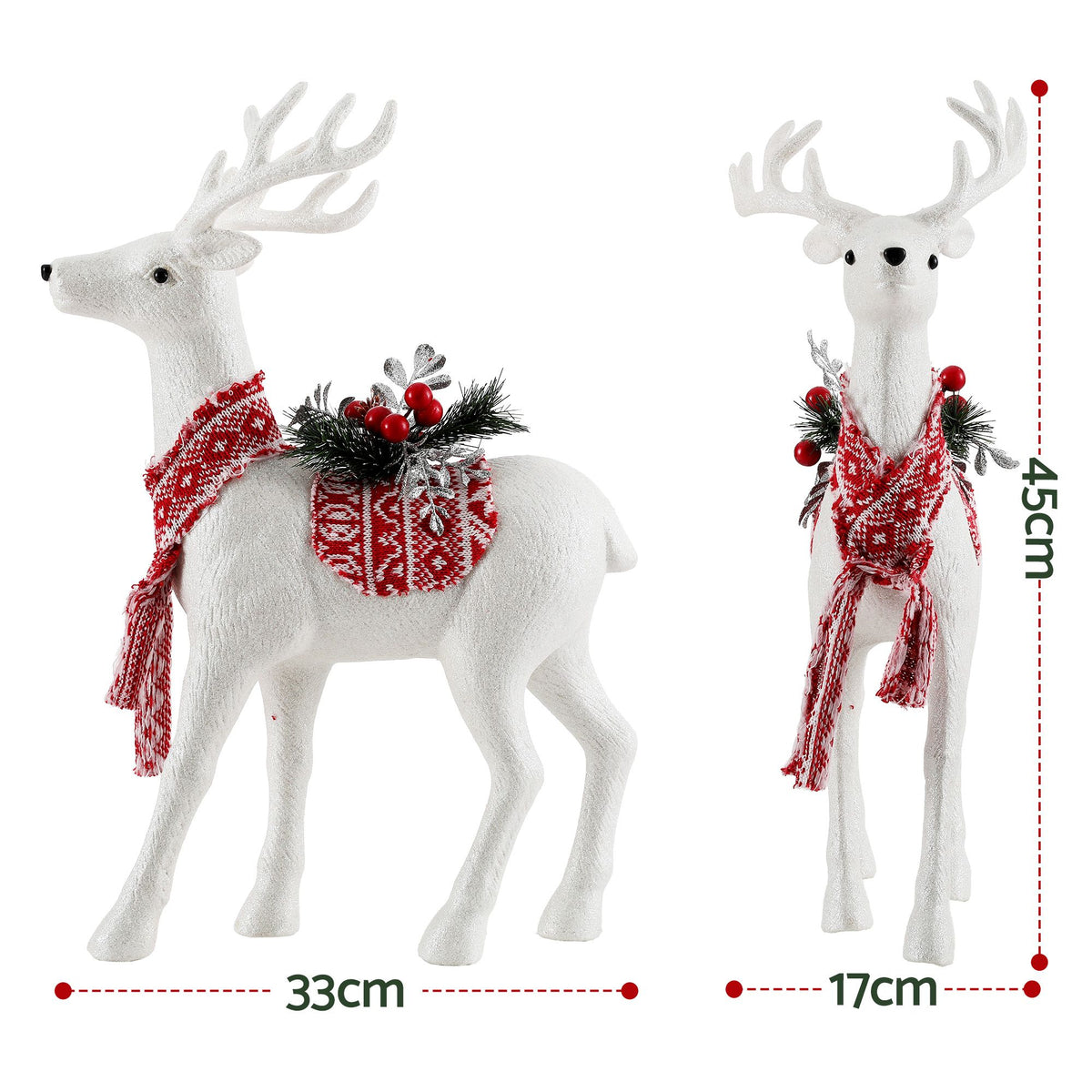 White reindeer ornament with plaid scarf and red berry foliage bouquet, side view