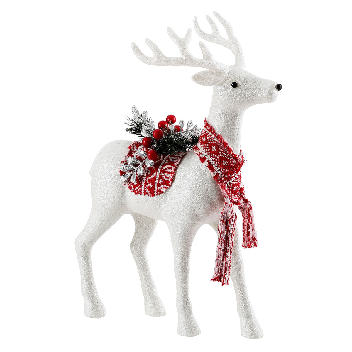 White reindeer ornament with plaid scarf and red berry foliage bouquet, front angle