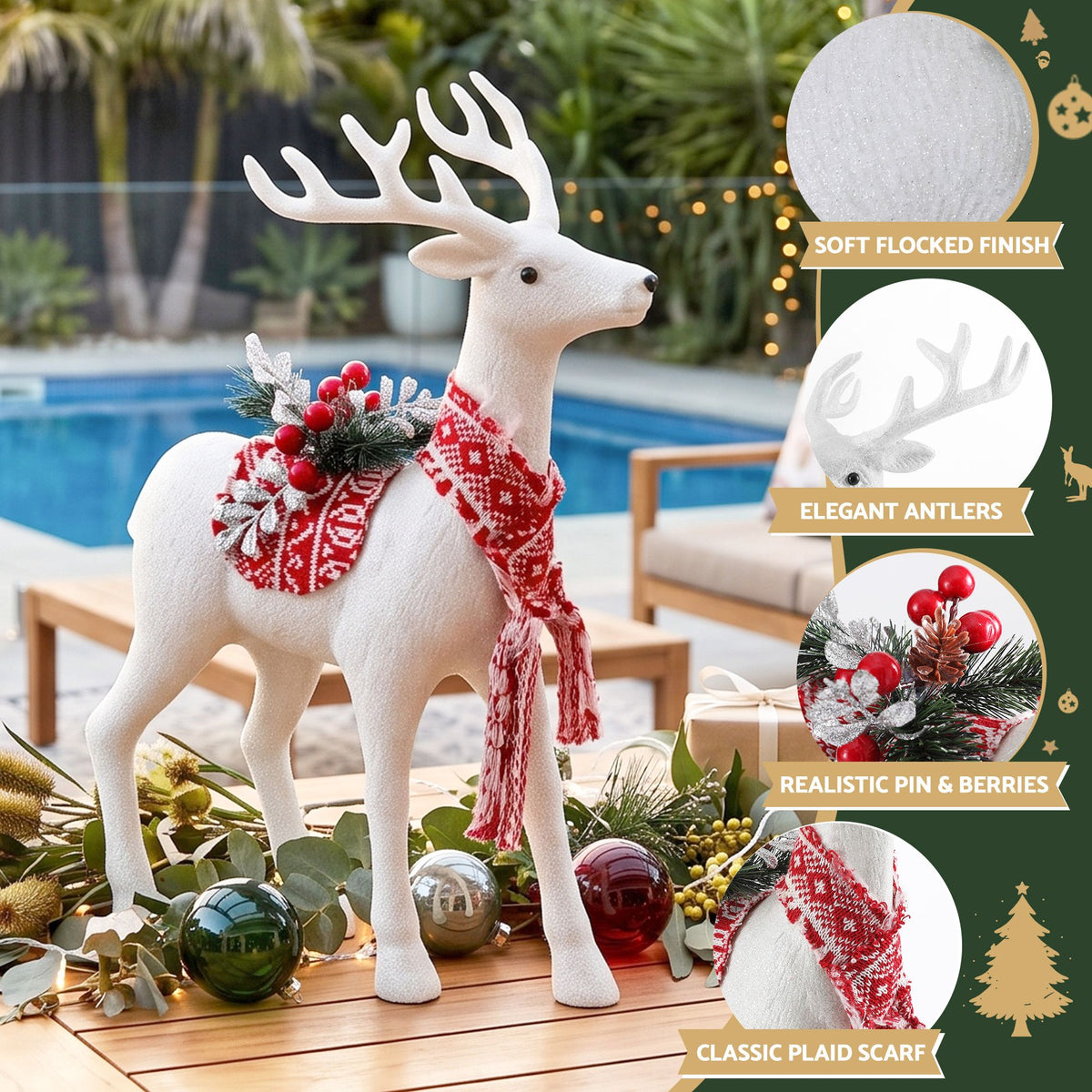 White standing reindeer ornament with plaid scarf and berry pine decoration