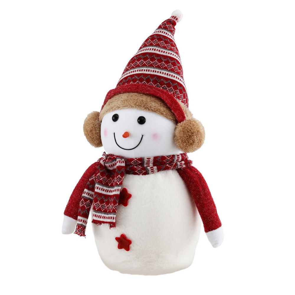 Plush snowman tabletop decoration in red and white with knit hat, scarf, and star buttons