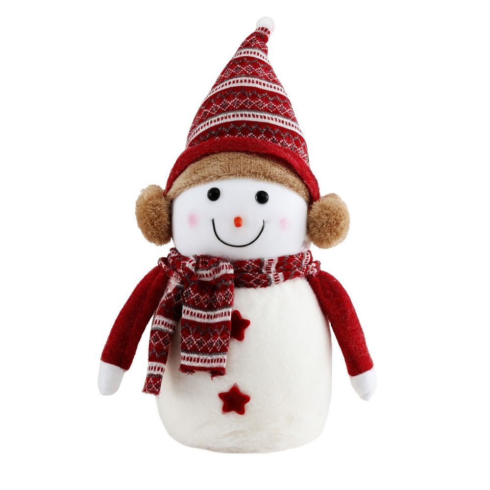Red-and-white plush snowman with smiling face, striped knit hat, and matching scarf