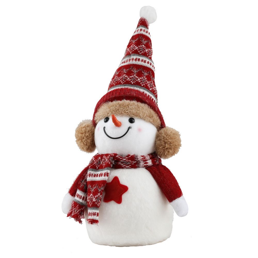 Plush snowman tabletop decoration with red knit hat, striped scarf, and smiling face
