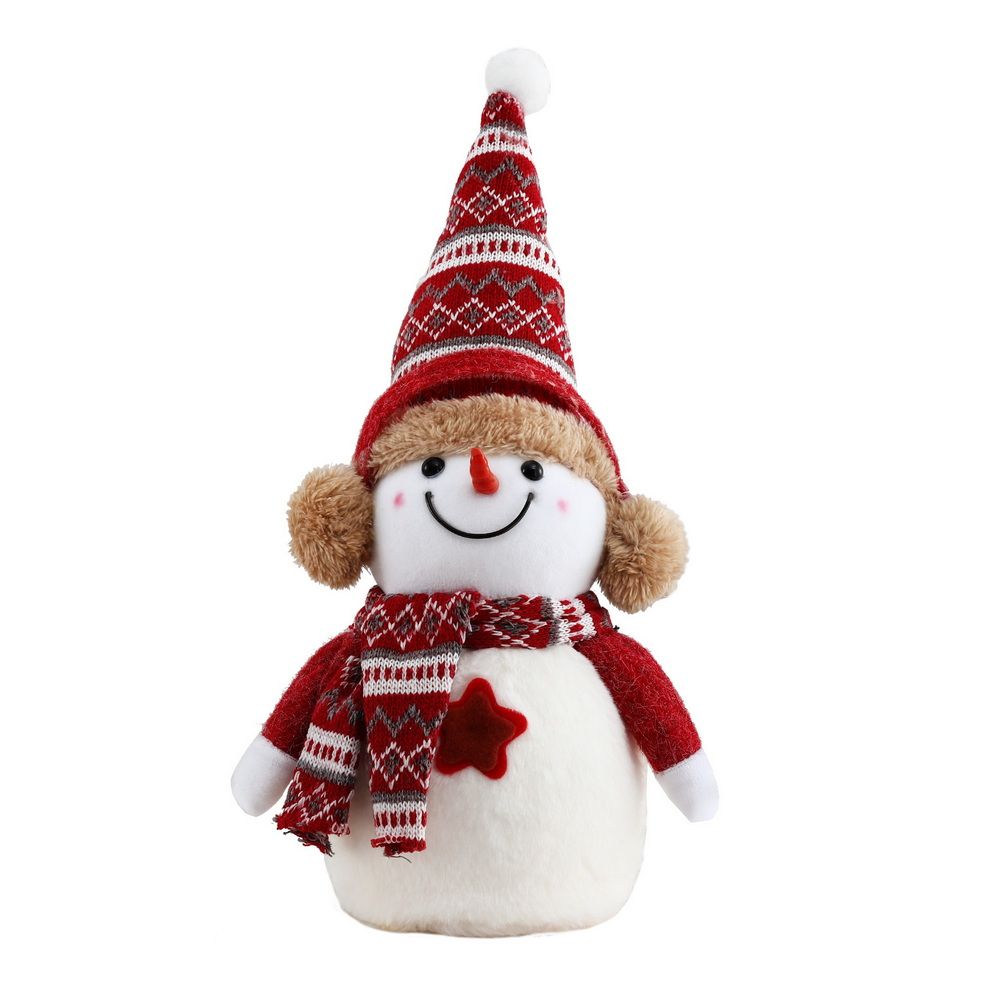 Plush snowman decoration with red cap, patterned scarf, star badge on chest, and smile