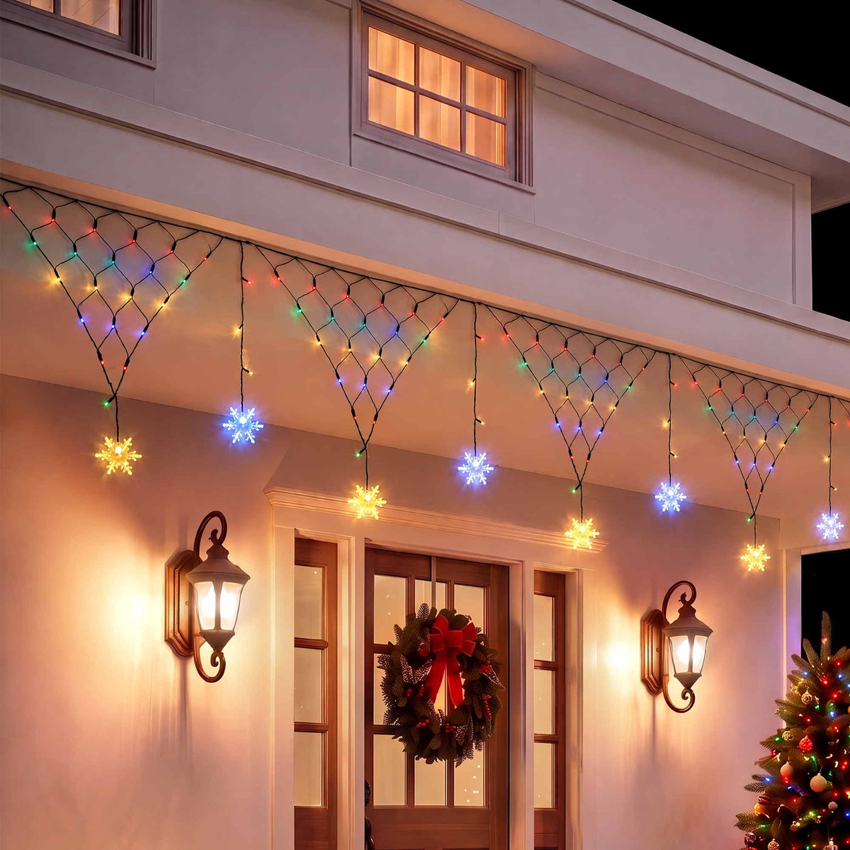 Solar multicolour fairy net lights with glowing snowflake LED bulbs