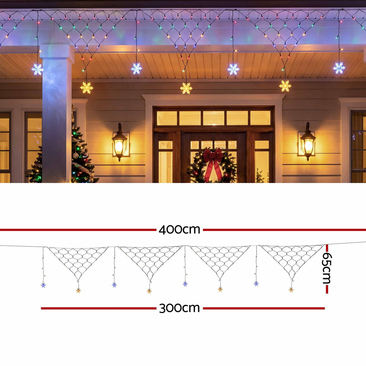 Solar fairy net string lights with multicolour snowflake LEDs, 400cm x 300cm