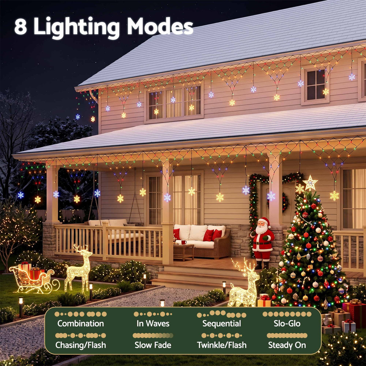 Solar multicolour fairy net lights with snowflake design and multiple lighting modes