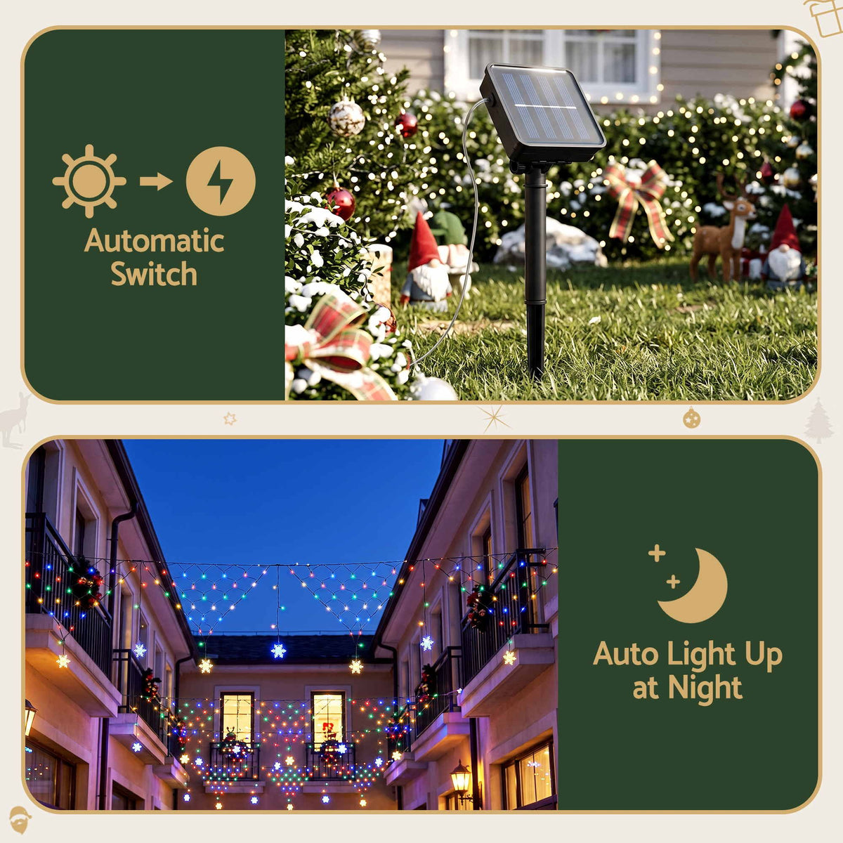 Solar fairy net lights with snowflake LEDs and automatic light-up switch