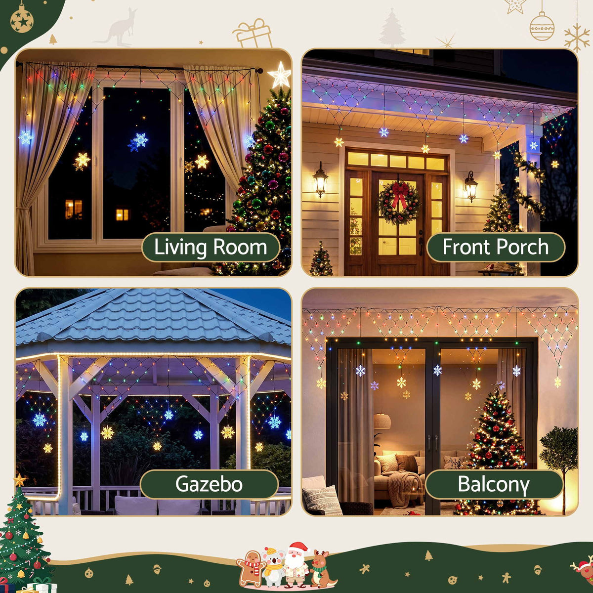 Solar multicolour fairy net lights with snowflake LEDs for indoor and outdoor decor