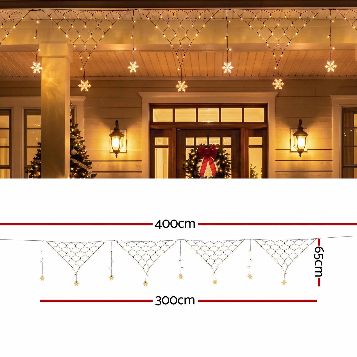 Solar warm white fairy net Christmas lights with hanging snowflake bulb strands, 400cm x 300cm