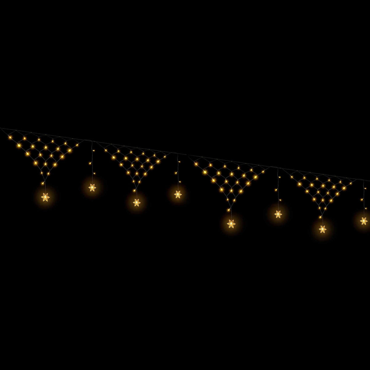 Warm white snowflake-style fairy net Christmas lights with bright star-shaped bulbs on a dark backdrop