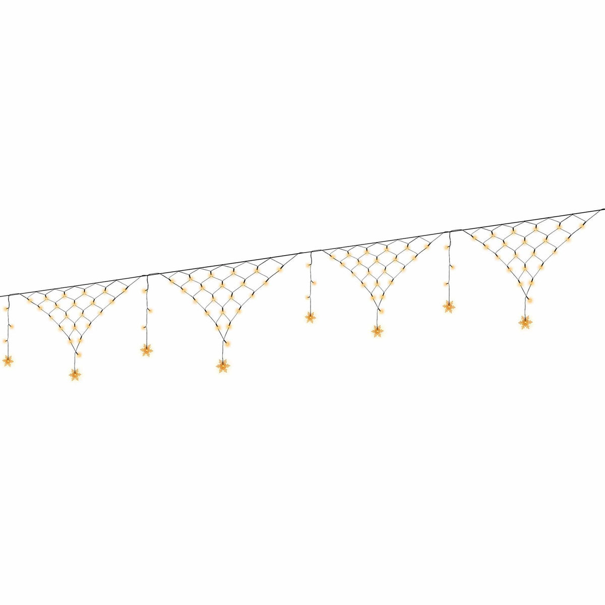 White fairy net string lights with warm white snowflake bulbs, straight strand layout