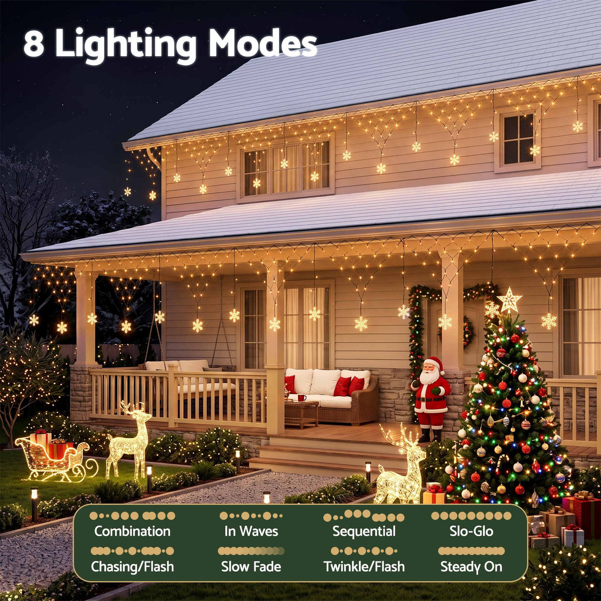 Solar warm white Christmas fairy net lights illuminating a front porch and windows